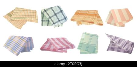 Küchenservietten und Handtücher Set Vektor Illustration. Cartoon isolierte Picknick-Tischdecke und Decke für Bett oder Tisch, kariertes Leinen-Taschentuch und gefaltetes weiches Baumwolltuch mit Gingham-Muster Stock Vektor