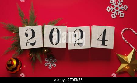 Frohe Weihnachten und ein glückliches neues Jahr 2024 Hintergrund, 3D-Darstellung. Feiertagsthema. Stockfoto