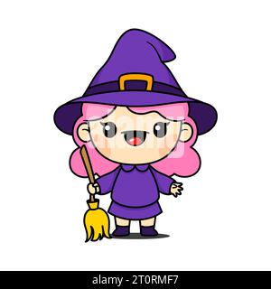 Niedliche Und Kawaii-Art Halloween Hexenmädchen Cartoon Figur Stock Vektor