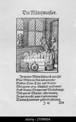 Der Münzmeister – ein Kupferstich von Jost Amman. Frankfurt, 1568. Stockfoto