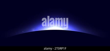 Planetenfinsternis-Konzept. Violetter blauer Sonnenlicht-Blendungseffekt. Abstrakter glühender Sonnenaufgang auf dunklem Hintergrund. Halo-Illustration des Erdhorizonts. Vektordesign für Poster, Banner, Cover, Broschüre, Broschüre Stock Vektor