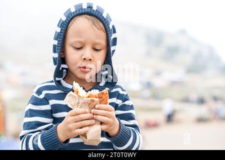 Ein netter kleiner Junge hält einen leckeren Hotdog, der im Bergpark spaziert. Kind isst gesunden Snack auf Reiseporträt. Ruhiger Junge mit Sandwich draußen Stockfoto