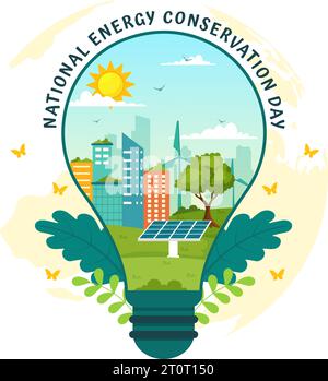 National Energy Conservation Day Vector Illustration am 14 Dezember für Rettet den Planeten und Green Eco Friendly mit Lampe und Erde Hintergrund Design Stock Vektor