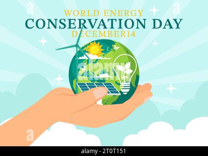 National Energy Conservation Day Vector Illustration am 14 Dezember für Rettet den Planeten und Green Eco Friendly mit Lampe und Erde Hintergrund Design Stock Vektor