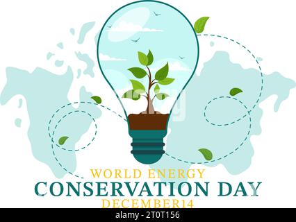 National Energy Conservation Day Vector Illustration am 14 Dezember für Rettet den Planeten und Green Eco Friendly mit Lampe und Erde Hintergrund Design Stock Vektor