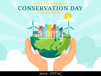 National Energy Conservation Day Vector Illustration am 14 Dezember für Rettet den Planeten und Green Eco Friendly mit Lampe und Erde Hintergrund Design Stock Vektor