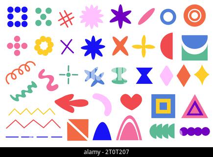 Kollektion Bunte Brutalismus grundlegende abstrakte geometrische Formen. Brutale Figur Stern ovale Spiralblume und andere primitive Elemente. Stock Vektor