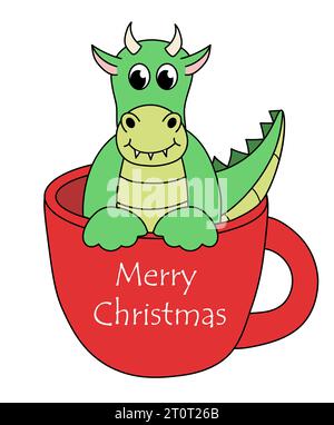 Zeichentrickfilm Weihnachten und Silvester Drachen Figur. Niedlicher Drache im Becher. Illustration der Vektorabwicklung. Stock Vektor