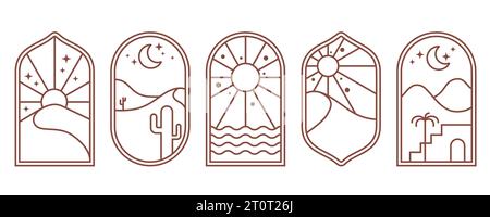 Wüstenboho-Logo mit Berg- und Sonnenlandschaft. Böhmisches Tal mit Mond und Kakteen. Abstraktes ästhetisches Design-Set. Vektorbogen mit aurora. Gliederung Stock Vektor