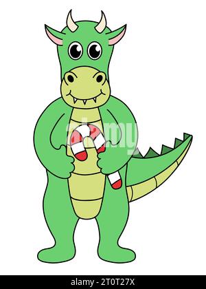 Zeichentrickfilm Weihnachten und Silvester Drachen Figur. Süßer Drache mit Zuckerrohr. Illustration der Vektorabwicklung. Stock Vektor