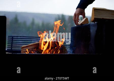 Holzscheite in einem offenen Feuer in der Natur mit einer Hand, die einen neuen Holzscheite aufnimmt Stockfoto