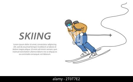 Skier Skifahren Abfahrt Vektor Hintergrund, Banner, Poster. Eine durchgehende Zeilenzeichnung über Skifahren und Wintersport Stock Vektor