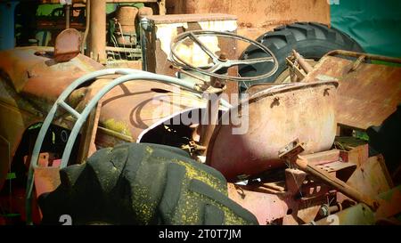 Ansicht des alten Traktors auf dem Schrottplatz Stockfoto