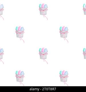 Nahtloses Aquarellmuster mit Ostereimer und bunten Eiern. Niedliches Muster zum Bedrucken von Textilien, Servietten, Weihnachtsverpackungen, Osterkuchenpapier Stockfoto