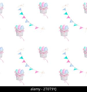 Nahtloses Aquarellmuster mit Ostereimer und farbenfrohen Eiern. Niedliches Muster zum Bedrucken von Textilien, Servietten, Urlaub Stockfoto