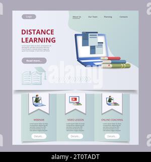 Vorlage für die flache Landing-Page-Website für Fernunterricht. Webinar, Videolektion, Online-Coaching. Webbanner mit Kopf-, Inhalt- und Fußzeile. Vektor Stock Vektor