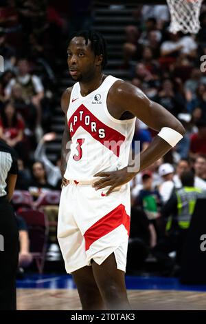 Vancouver, Kanada. Oktober 2023. Vancouver, British Columbia, Kanada, 8. Oktober 2023: OG Anunoby (3 Toronto Raptors) in Aktion während des Vorsaisonspiels der National Basketball Association zwischen Toronto Raptors und Sacramento Kings in der Rogers Arena in Vancouver, British Columbia, Kanada (NUR REDAKTIONELLE VERWENDUNG). (Amy Elle/SPP) Credit: SPP Sport Press Photo. /Alamy Live News Stockfoto