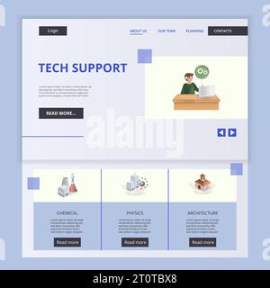 Vorlage für flache Landing-Page-Website für technischen Support. Chemie, Physik, Architektur. Webbanner mit Kopf-, Inhalt- und Fußzeile. Vektorabbildung. Stock Vektor