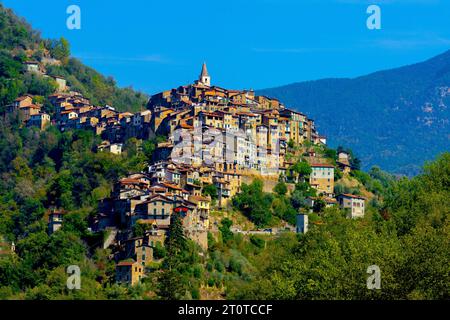 Apricale in Ligurien, Italien. Apricale ist eine Gemeinde in der Provinz Imperia in der Region Ligurien. Stockfoto