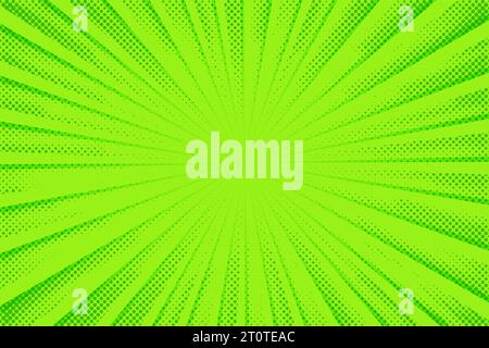 Grüner Comic-Hintergrund. Art Pop Cartoon Lichterkulisse. Halbtoneffekt-Muster. Lustige Anime-Textur. Starburst Manga-Stil bg. Popart radial markieren Stock Vektor