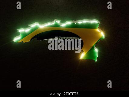 Die Form des Landes Brasilien im Rand beleuchtet in den Farben seiner Nationalflagge in einer dunklen Oberfläche - 3D-Rendering Stockfoto