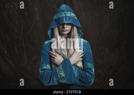 Dunkle Elfenfrau im Winterwald Stockfoto