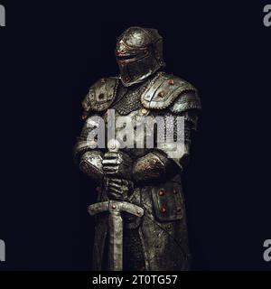 Statue eines mittelalterlichen Ritters in Metallpanzerung mit Schwert, isoliert auf dunkelschwarzem Hintergrund, selektiver Fokus Stockfoto