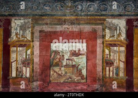 Die römische Stadt Fresco Pompeji befindet sich in der Nähe von Neapel in der Region Kampanien in Italien. Pompeji wurde bei der Eruption des Vesuvs 79 n. Chr. unter 4-6 m vulkanischer Asche und Bimsstein begraben. Italien Stockfoto