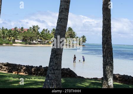 Yanuca Island Fidschi - 6. September 2023; Küstenszene durch Palmenstämme mit Jungen im Wasser, die Fische spinnen Stockfoto