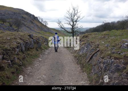 Lone man (Wanderer) Walking in Feizor Nick auf dem Pennine Bridleway in Ribblesdale, Yorkshire Dales National Park, England, Großbritannien. Stockfoto