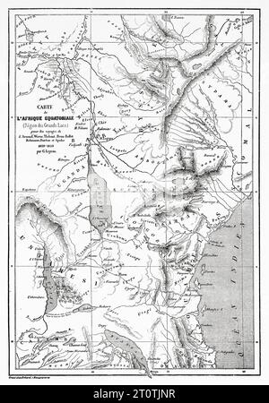 Karte der Region der Großen Seen in Äquatorialafrika. Alter Stich aus dem 19. Jahrhundert aus Le Tour du Monde 1860 Stockfoto