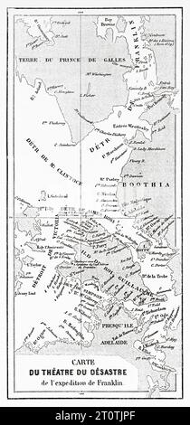 Alte Karte der arktischen Region von Sir John Franklin Expeditionskatastrophe. Geschichte von Franklins verlorener Expedition in der Arktis (1786–1847) alter Stich aus dem 19. Jahrhundert aus Le Tour du Monde 1860 Stockfoto