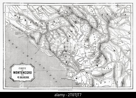 Alte Karte von Montenegro. Europa. Reise nach Albanien und Montenegro im Jahr 1858 durch den französischen Entdecker Guillaume Lejean. Alter Stich aus dem 19. Jahrhundert aus Le Tour du Monde 1860 Stockfoto