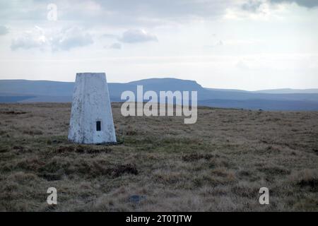 Pen-y-ghent einer der Yorkshire 3 Peaks vom Concreate Trig Point Summit auf dem Blea Moor in Ribblesdale, Yorkshire Dales National Park, England. Stockfoto