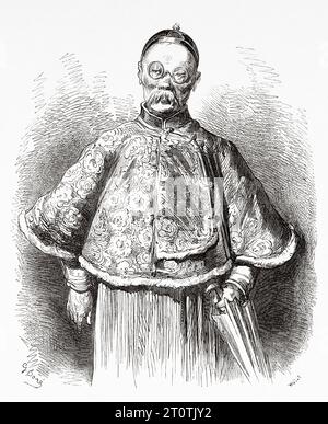 Altes Porträt eines chinesischen Kaufmanns, China, Asien. Reise durch China und Japan durch den Marquis Alfred de Moges 1857 - 1858. Alte Illustration aus dem 19. Jahrhundert von Gustave Doré (1832 - 1883) aus Le Tour du Monde 1860 Stockfoto