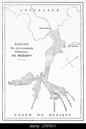 Alte Karte von Schwemmablagerungen am Missisipi-Mündungsgebiet, USA. Fragment einer Reise nach New Orleans im Jahr 1855 von Elisee Reclus (1830–1905). Alter Stich aus dem 19. Jahrhundert aus Le Tour du Monde 1860 Stockfoto