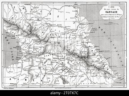 Alte Kaukasuskarte, die die Route von Moynet von Baku bis zur Mündung des Flusses Phasis 1858 dient. Aserbaidschan. Reise zum Schwarzen Meer und zum Kaspischen Meer 1858 mit Moynet. Alter Stich aus dem 19. Jahrhundert aus Le Tour du Monde 1860 Stockfoto