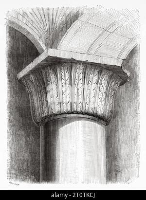 Säule im Untergrund des Salomo-Tempels in Jerusalem. Reise in Palästina, 1856-1859. Alter Stich aus dem 19. Jahrhundert aus Le Tour du Monde 1860 Stockfoto