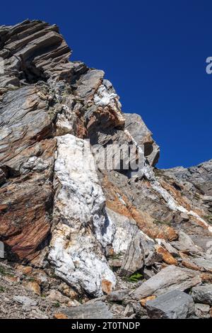 Metamorphe Gesteinsformationen. Geologische Aspekte der Zillertaler Alpen. Tirol. Österreich. Europa. Stockfoto