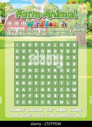 Ein lustiges und lehrreiches Wortsuchspiel mit einem Thema für Nutztiere Stock Vektor