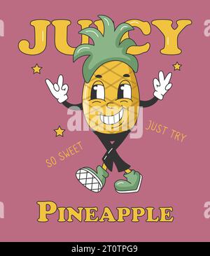 Lustige Retro-Groovy-Zeichentrickfiguren aus den 90er Jahren. Poster mit Comic-Charakter von Ananas. Groovige Sommer-Vektor-Illustration. Süßes, Saftiges Frisches Obst Stock Vektor