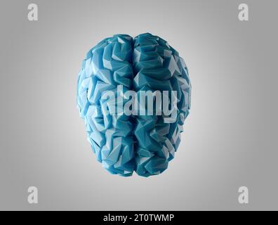 Die 3D-Darstellung des stilisierten Low-Poly-Gehirns symbolisiert Intelligenz und Kreativität. Blaues plastisches Material Gehirn isoliert auf hellem Hintergrund Stockfoto