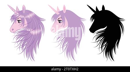 Set aus niedlichem rosa Einhorn mit lila Haaren. Silhouette des Kopfes eines Einhorns. Stock Vektor