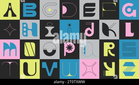 Brutalismus Moderne Schriftart. Ästhetik lateinisches Alphabet im brutalen Stil. Geometrische Großbuchstaben mit eklektischen Formen, abstrakte Symbole oder einfache Kunstelemente im Quadrat für das Cover-Design. Stock Vektor