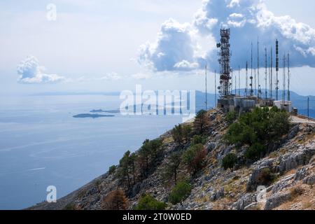 Pantokrator, Korfu, Griechenland - Antenneninstallation auf dem Berg Pantokrator mit Blick über das Ionische Meer in Richtung Flughafen von Korfu Stadt. Die Seite Schwenken Stockfoto