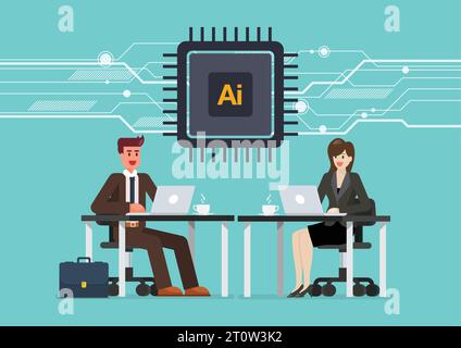 Geschäftsmann und Geschäftsfrau arbeiten an einem Laptop-Computer am Schreibtisch mit KI-Chip-cpu-Symbol. Symbol für AI-Prozessor. KI-Chip für künstliche Intelligenz. Vecto Stock Vektor
