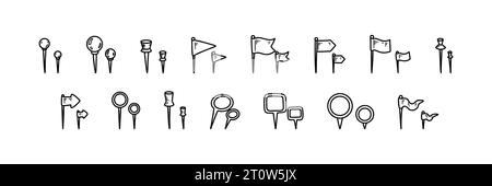Doodle Set drücken. Position, Papier, Dokument, Dashboard, Nähnotiz, Pins und Flags zuordnen. Handgezeichnete Vektorgrafik. Navigations-Thumbtac Stock Vektor
