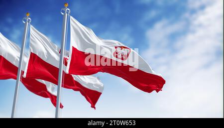 Drei Nationalflaggen Polens winken an einem klaren Tag im Wind. Zwei horizontale weiße und rote Streifen mit Wappen. 3D-Darstellung. Ripp Stockfoto