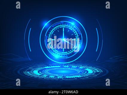 Zeittechnologie Ein technologischer Kreis, der die Uhr in Form eines holographischen Bildes projiziert. Er bezieht sich auf die Entwicklung von Technologien in einem schnellen Tempo Stock Vektor