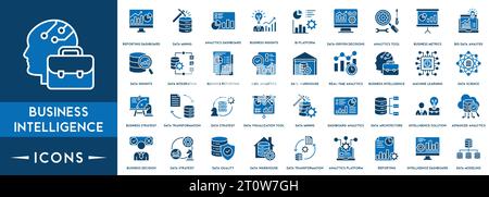 VektorzeilenSet für Business Intelligence-Symbole. Enthält lineare Gliederungssymbole wie Datenvisualisierung, Datenverwaltung und -Analyse, Analytic Service Stock Vektor